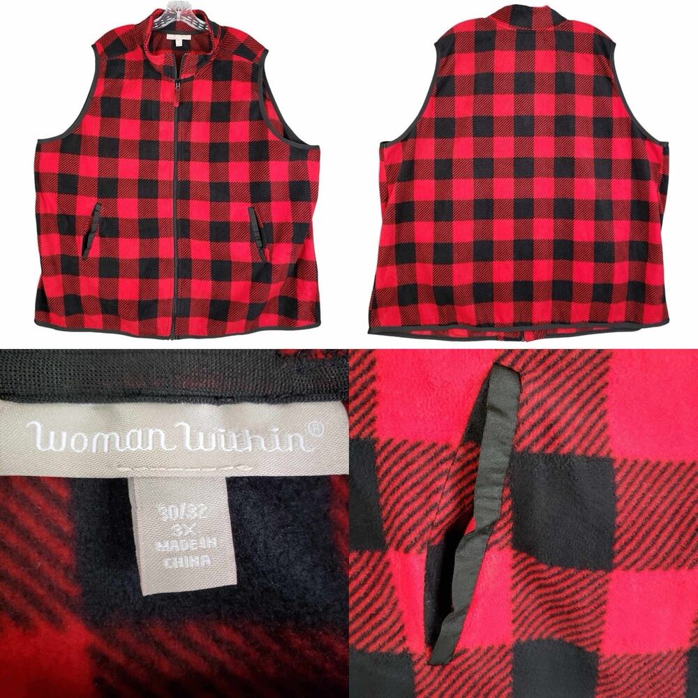Woman Within Vest Red Plaid Fleece Full Zip Pockets Women's Plus Size 3X